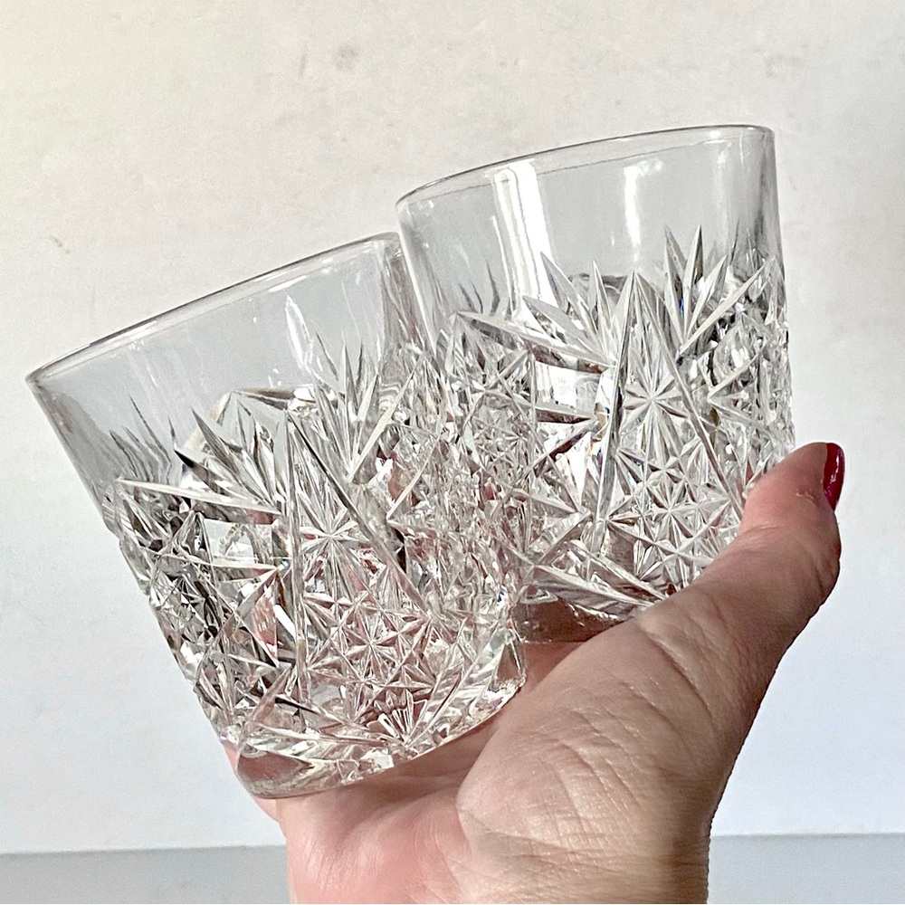 2 for the Price of 1 Cut Glass Tumbler Rocks Glasses Hobnail Star Old Fashioned